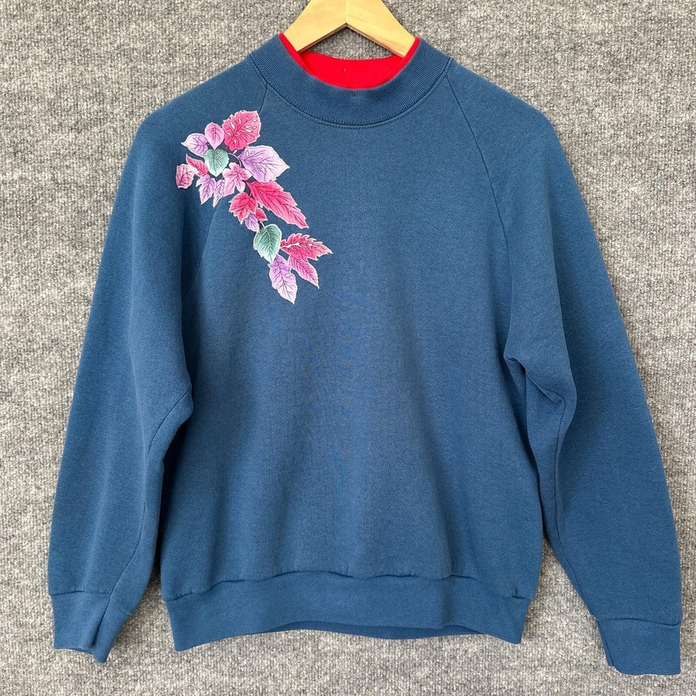 Vintage Granny Sweatshirt Womens M Blue Applique‎ Leaves Double Collar Pullover